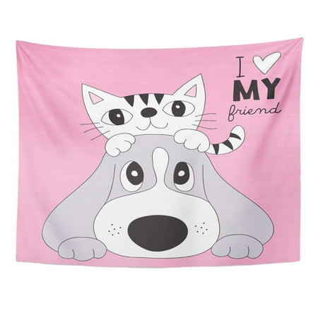 REFRED Colorful Cartoon Cute Best Friends Cat and Dog Pink Forever Baby Kitten Wall Art Hanging Tapestry Home Decor for Living Room Bedroom Dorm 51x60 (Best Friends Forever Cartoon Images)
