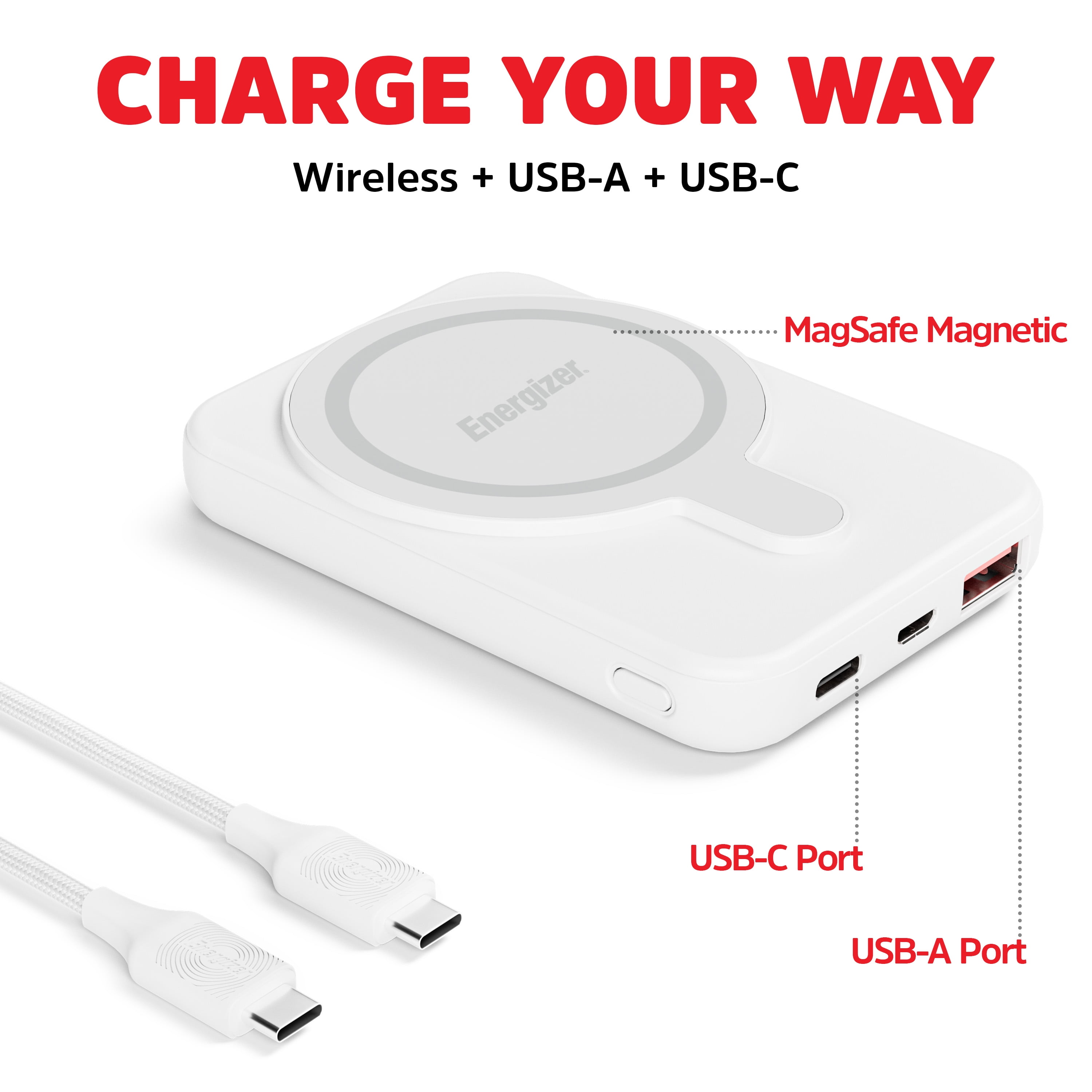 Energizer Magnetic Wireless Power Bank 5,000mAh, MagSafe Compatible, Qi Wireless & USB-C Charging​ White