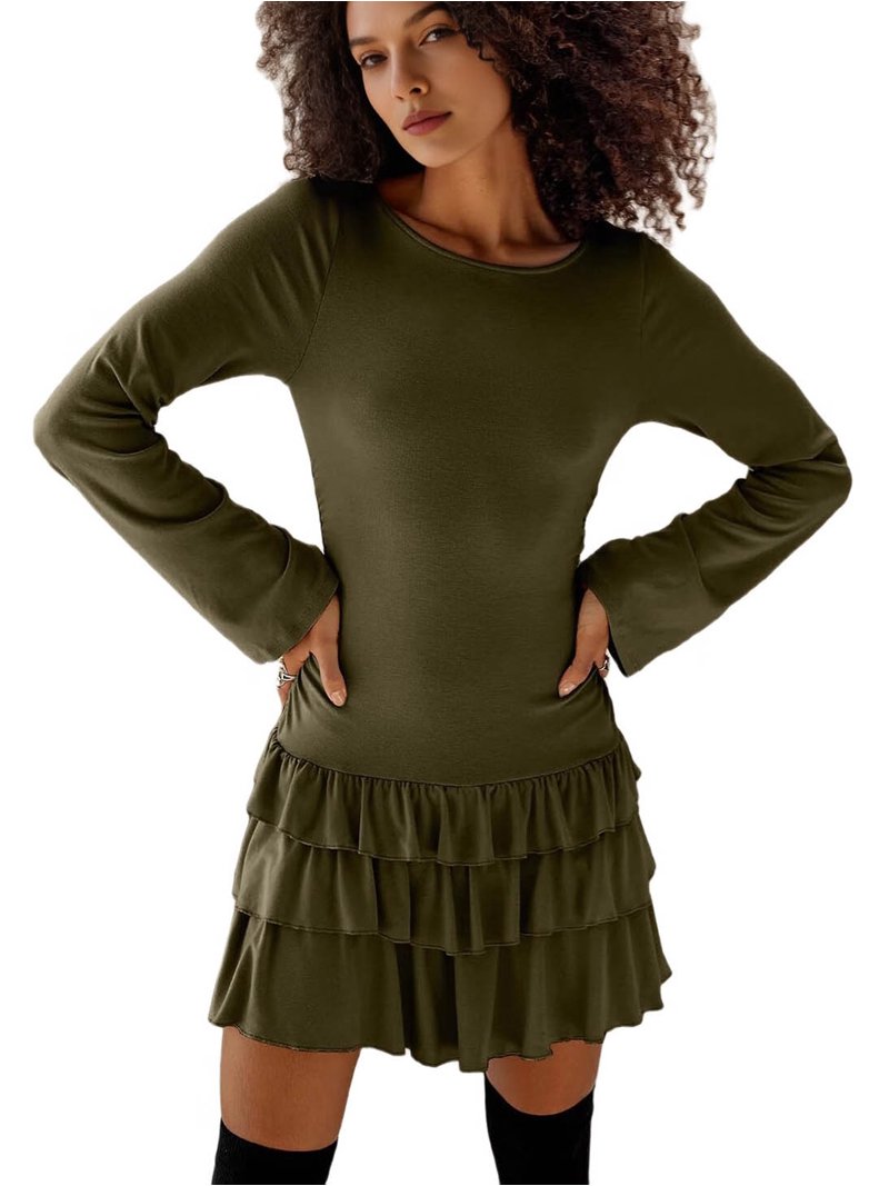 dark green long sleeve mini dress Women'S Boat Neck Ruffle Bodycon Mini Flowy Cocktail Party Dresses S Events