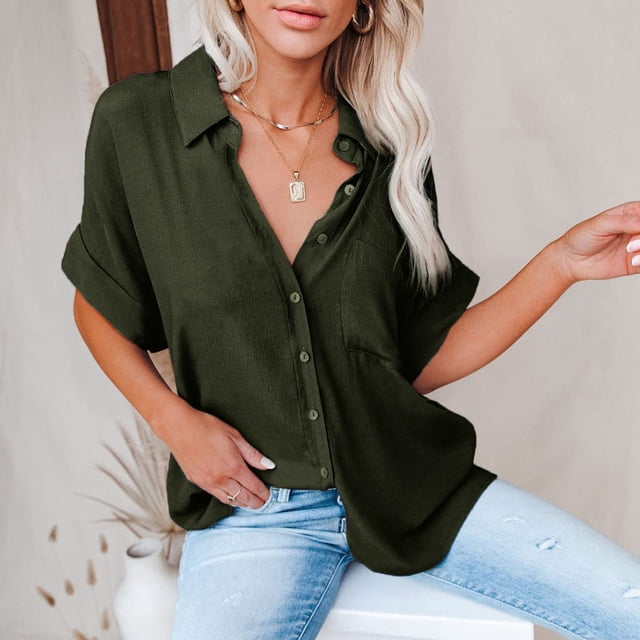 Camisa de manga corta para mujer, cuello vuelto para mujer, camisa de un solo pecho para mujer, blusa de un solo pecho para mujer, verdadera excelencia