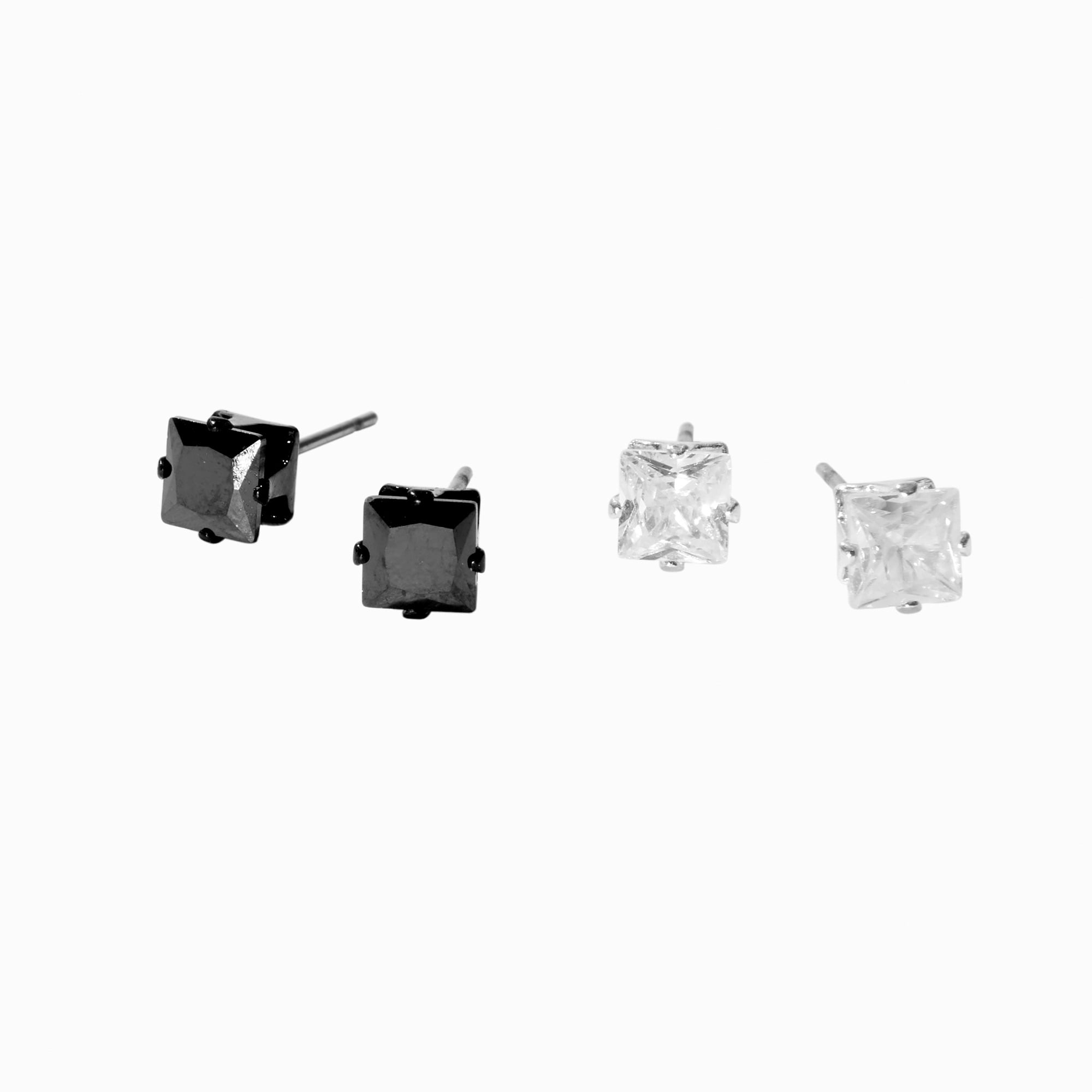 Claire's Teen Girls Clear and Black Cubic Zirconia Square Stud Earrings, 2-Pack, 5MM