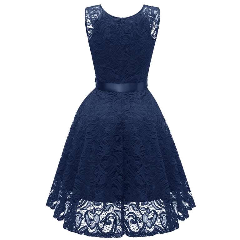 Swsmclt Women's Lace Dress Semi Formal Cocktail Sleeveless Dresses V Neck Evening Gown Navy 16W