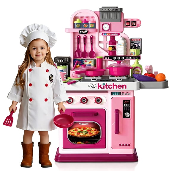 Caunedy Kids Play Kitchen Set with Lights & Sounds,Sink,Cooking Stove,Pink Pretend Kitchen Accessories for Toddlers Boys Girls Ages 1-8