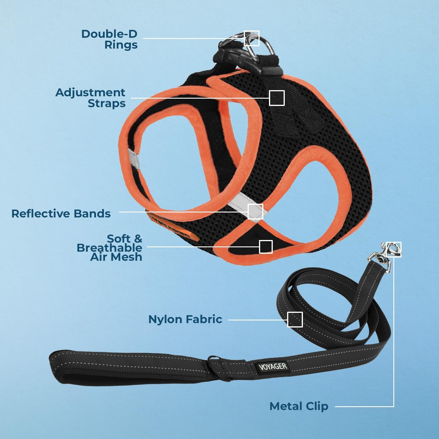 Voyager Step-in Air All Weather Mesh Harness and Reflective Dog 5 ft Leash Combo with Neoprene Handle, for Small, Medium and Large Breed Puppies - Black/Orange Trim, X-Small
