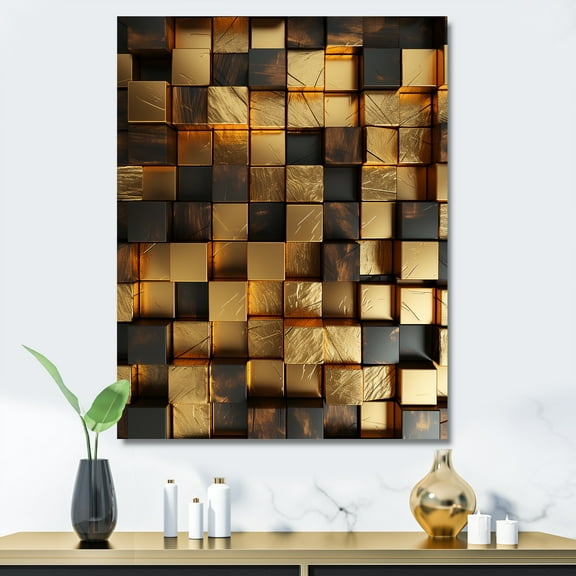 Designart "Abstract Cubes in Black and Gold I" Geometric Canvas Wall Art - Modern Gold Abstract Geometric Living Room Canvas Art