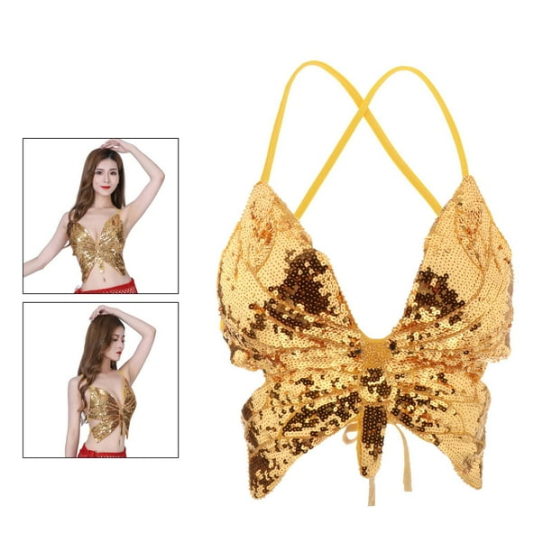 de danza del vientre con para mujer, Top corto con cuello Halter de mariposa de lentejuelas, ropa de disfraz de lentejuelas latina , Oro Talla única BLESIY Sujetador de danza del vientre para mujer