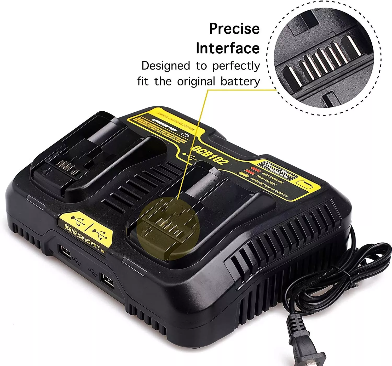 for Dewalt DCB102 20V Li-ion Battery Dual Charger Fast Charger with 2 USB Ports