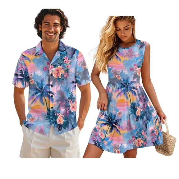 KUIFORTI Hawaii Matching Couple Outfits His and Hers Summer Outfits Hawaiian Palm Tree Flowers Lightweight Loose Swing Sundresses with Soft Fabric Round Neck Fit for Honeymoon Trip