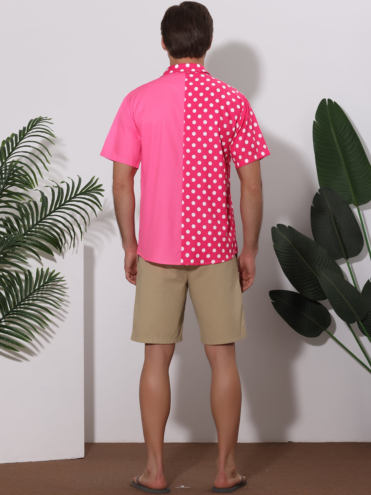 Unique Bargains Men's Summer Polka Dots Short Sleeves Button Down Patchwork Shirt S Pink