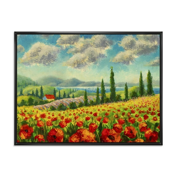Designart 'Beautiful Landscape With Poppies Flowers By Riverside' Traditional Framed Canvas Wall Art Print
