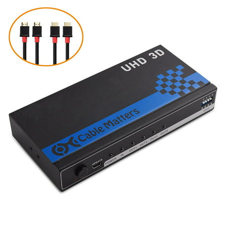 Cable Matters 4-Port HDMI Splitter Supporting 4K Resolution with Twin-Pack 6 Feet High Speed HDMI