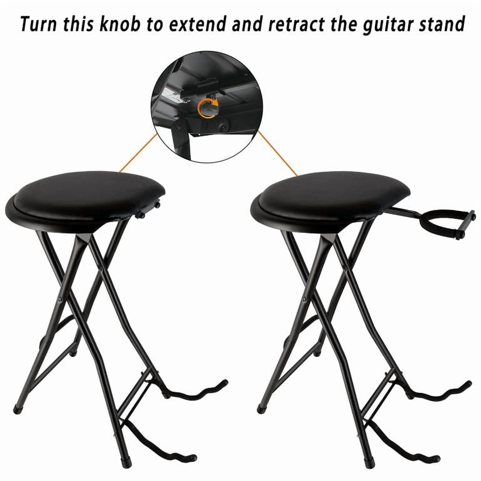 Dapmiu No Backrest Guitar Stool, Foldable with Built-in Stand, Retractable Hook, Faux Leather Padded Seat & Foot Rest, Heavy-Duty for Musicians