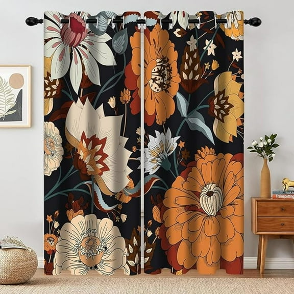 Boho Floral Blackout Curtains, Mid Century Bohemian Abstract Botanical Flowers Decor Black Out Curtains For Home Bedroom Living Room Grommet Darkening Window Drapes 53"W x 84"L (Pack of 2)