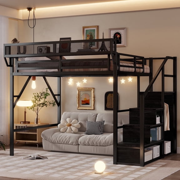 Mirightone Queen Loft Bed with Storage Stairs & Wardrobe, Heavy Duty Metal Frame with Stability Support, Wide Steps for Adults & Teens,All black