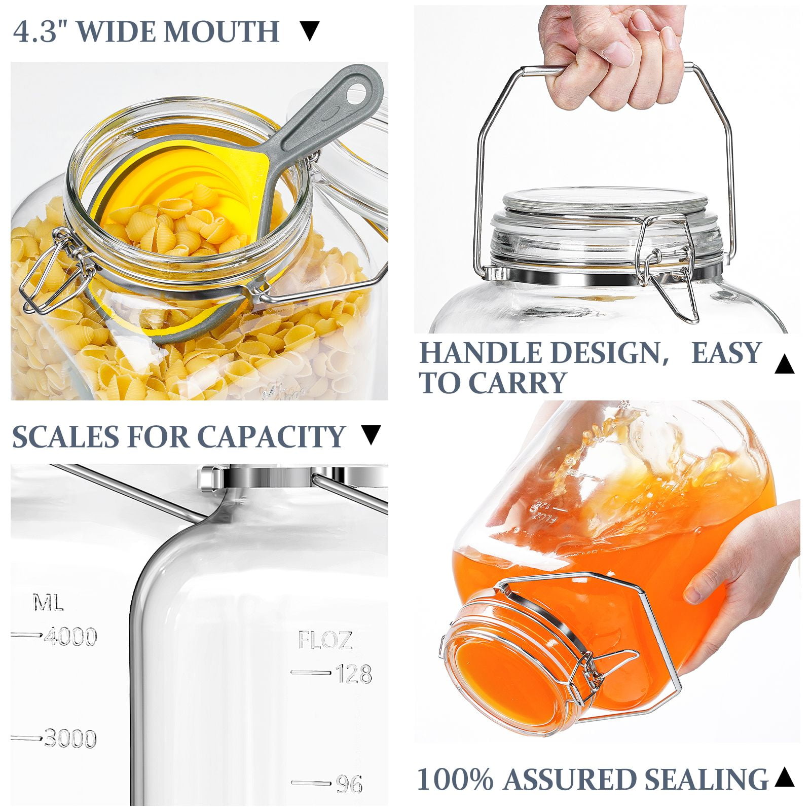 Syntic 2 Pack 1.5 Gallon Glass Jar with Airtight Lid, 192 oz Square Wide Mouth Mason Jars with Stainless Steel Handle, Large Glass Storage Containers for Canning, Flour, Sugar, Rice, Pickled Eggs