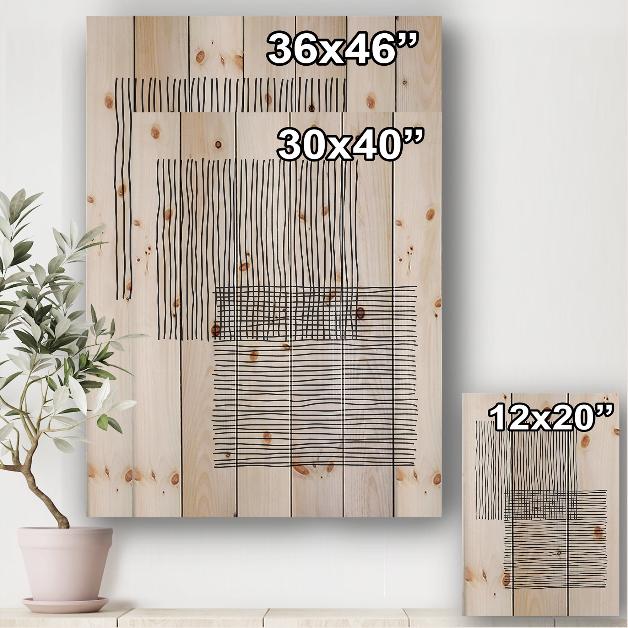 Designart 'Minimal Geometric Squares and Lines II' Modern Print on Natural Pine Wood