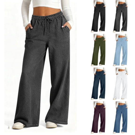 ZHYou Womens Drawstring Wide Leg Jeans Elastic High Waisted Baggy Pull On Casual Trousers,Dark Gray,Size 2XL