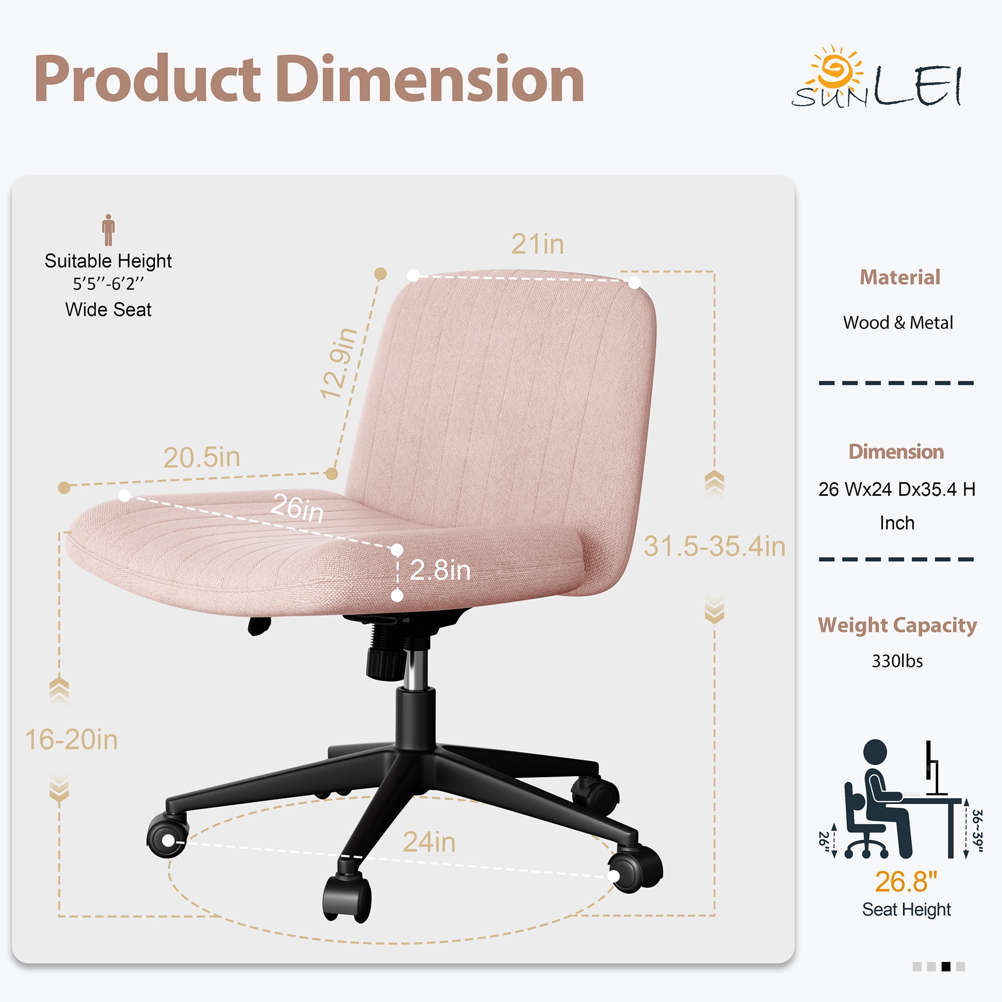 Walsunny Armless Criss Cross Home Office Chair, Fabric Vanity Desk Chair with Wheels, Wide Seat Swivel Task Computer Chair, Pink