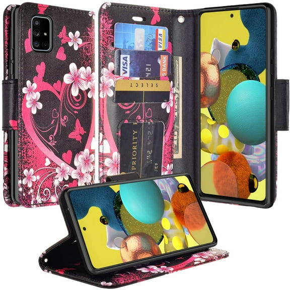 Case for Samsung Galaxy A51 5G Leather Flip Pouch Wallet Case Cover Folio [Kickstand] for Girls Women Phone Cases for Samsung Galaxy A51 5G Case - Heart Butterflies