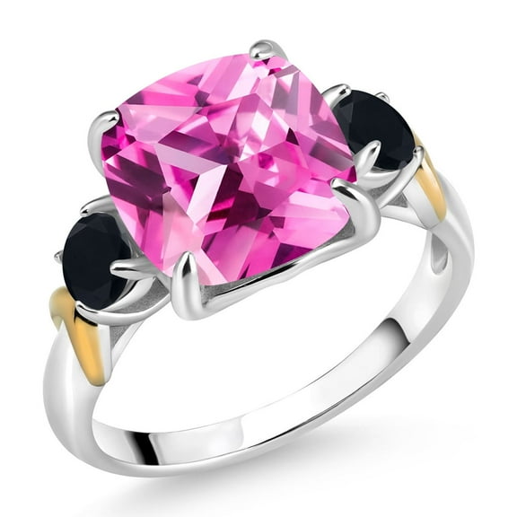 Gem Stone King 925 Silver and 10K Yellow Gold Pink Created Sapphire and Black Onyx 3 Stone Ring for Women (5.24 Cttw, Gemstone September Birthstone, Cushion 10MM, Round 4MM, Size 5)