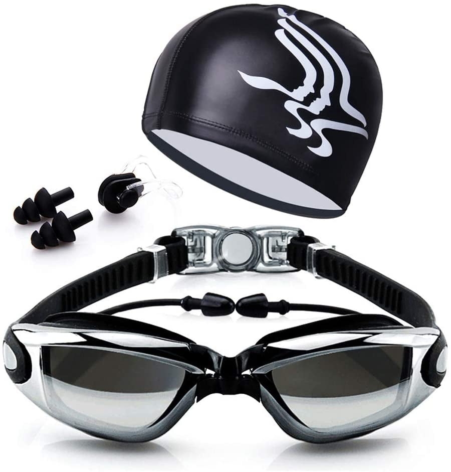 Swimming Goggles Swim Cap Ear Plugs Nose Clip Anti-Fog UV Protection Waterproof 
