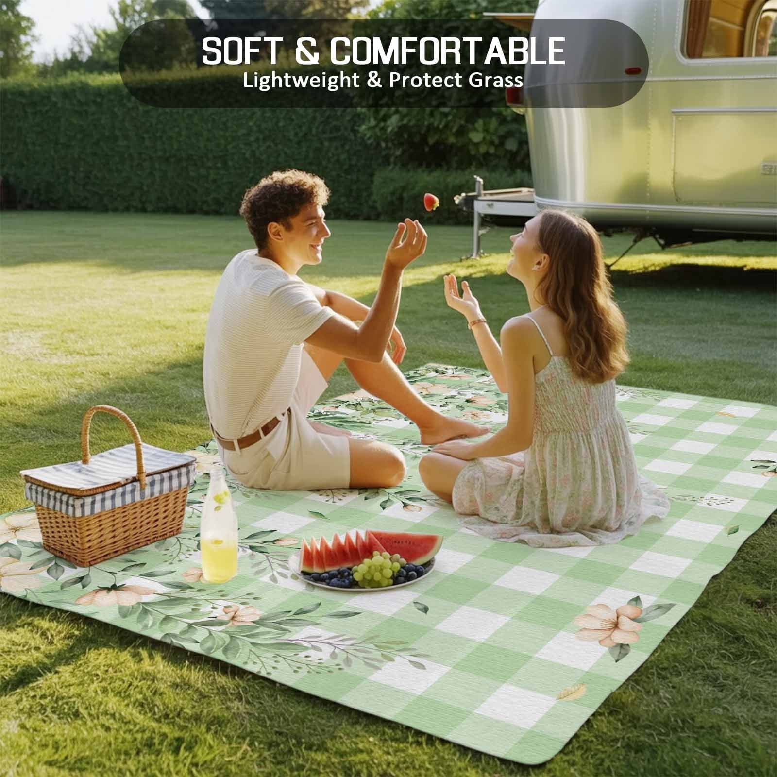 Watercolor Floral Outdoor Rug for Patio/Deck/Porch, Non-Slip Large Area Rug 5 x 7 Ft, Spring Flowers Leaves Botanical Green Plaid Indoor Outdoor Rugs Washable Area Rugs, Camping Rug Carpet Runner