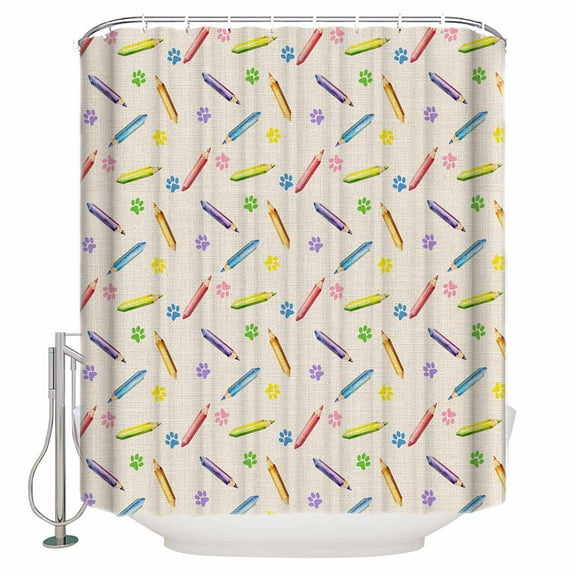 Small Stall Shower Curtain 48x72 Inch Narrow Half Size Cartoon Bath Curtains Bathroom Decor Cute Colorful Pencil Paw Print Funny Linen Waterproof Fabric Shower Curtain Set with Hooks 48 Inch