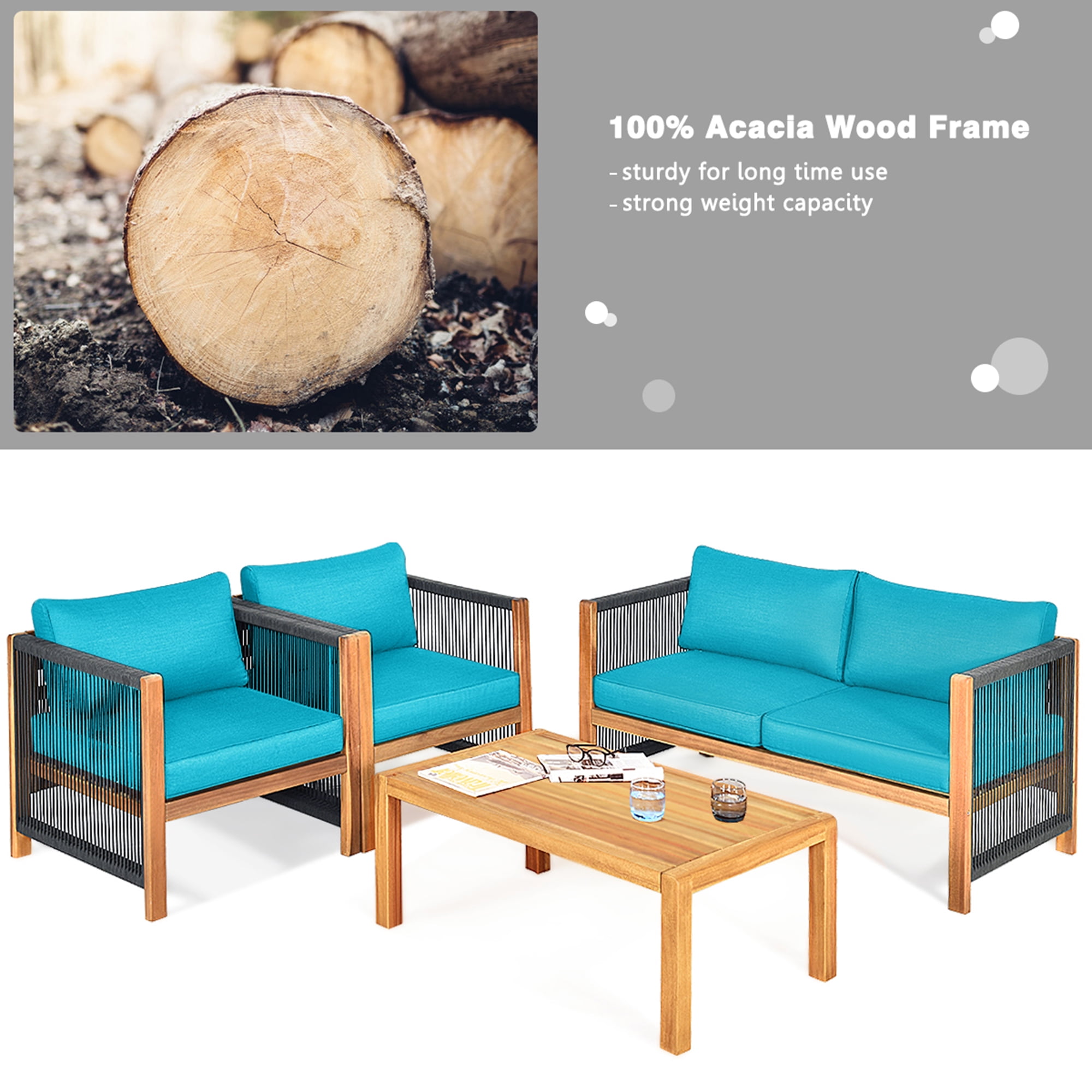 Gymax 8PCS Acacia Wood Outdoor Patio Furniture Conversation Set W/ Turquoise Cushions