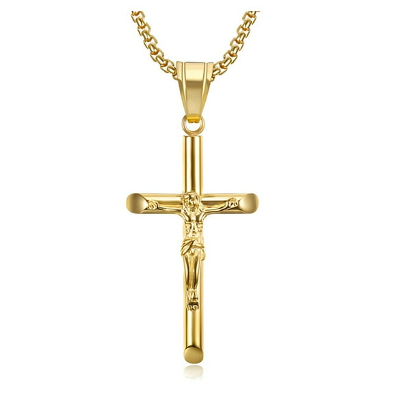 14K Yellow Gold Jesus Cross Hip Hop Pendant Collar Chains Necklace for Men Women Boyfriends Gift Jewelry