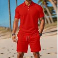 thumbnail image 2 of Men Solid 2 Piece Polo Short Set, Breathable Knit Short Sleeve Polo Shirt & Drawstring Shorts Summer Casual Outfit Red M, 2 of 6