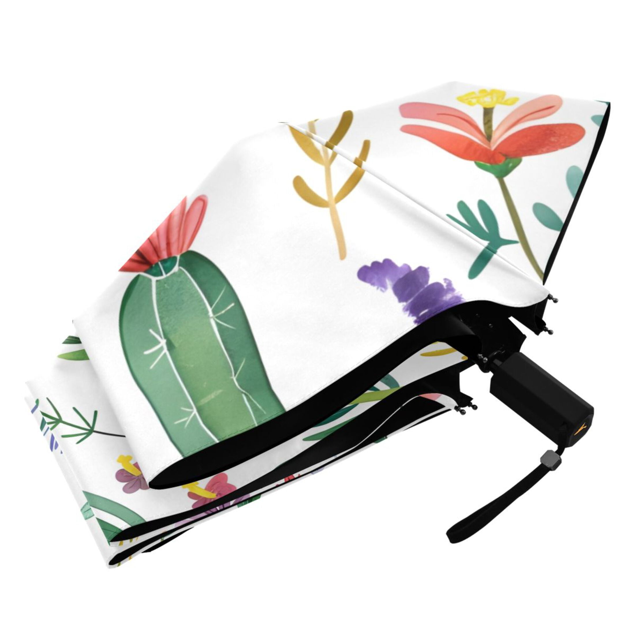 Lavender Leaves Cactus Compact Sun Umbrella Windproof Travel Umbrellas for Rain Strong Portable UV Protection