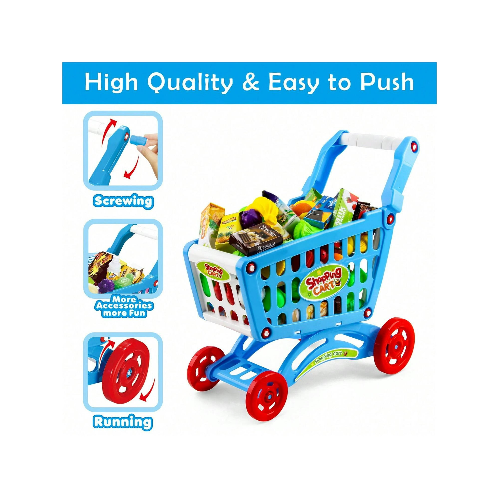 Kids Shopping Cart With Food Shopping Trolley Basket For Toy Shop Kitchen 65 PCS Play Food Role Play Educational Toy