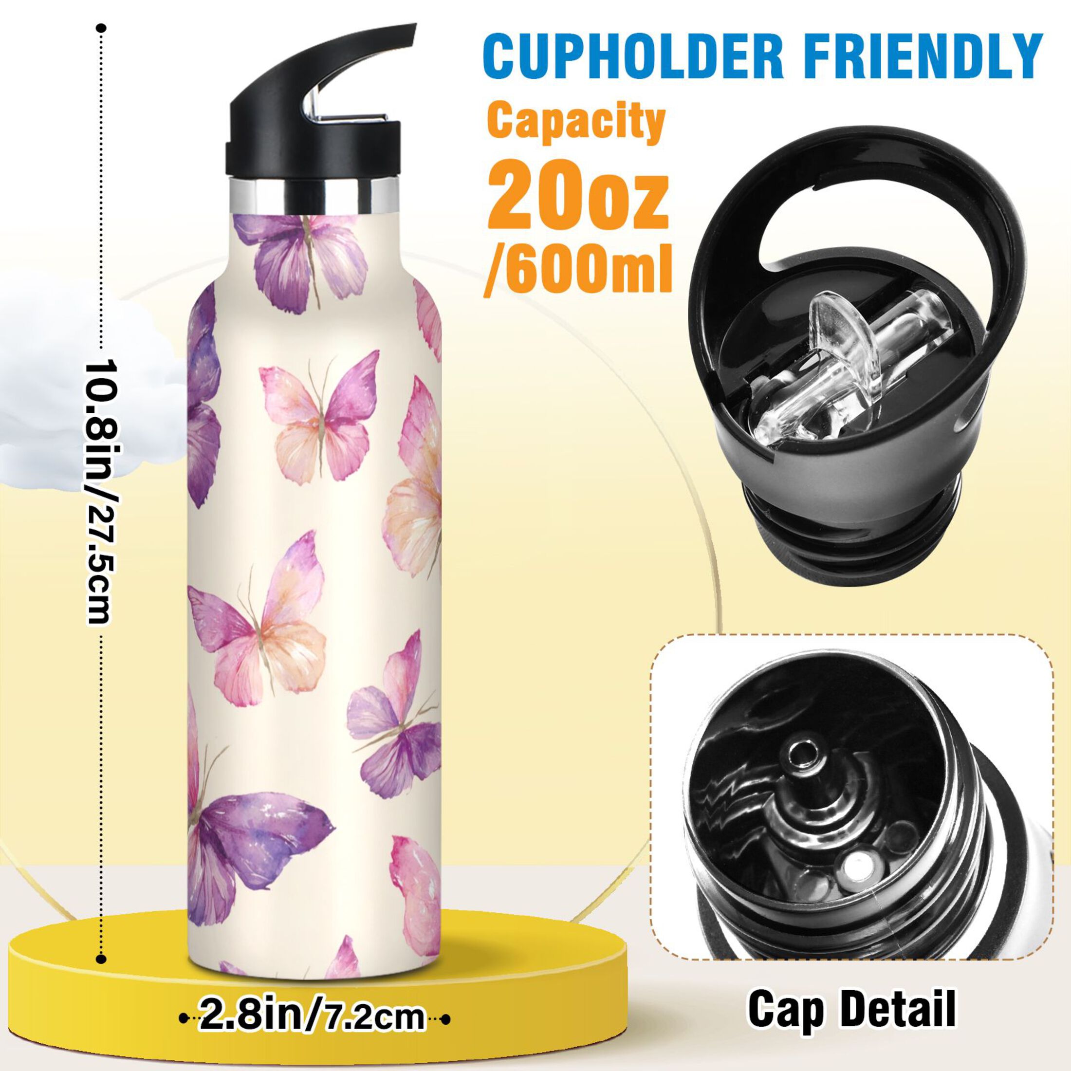 600ML Stainless Steel Insulated Cup Sports Water Bottle Portable Thermos Cup Water Glasses Insulated Tumblers Convenient and Durable Beautiful Purple Butterfly