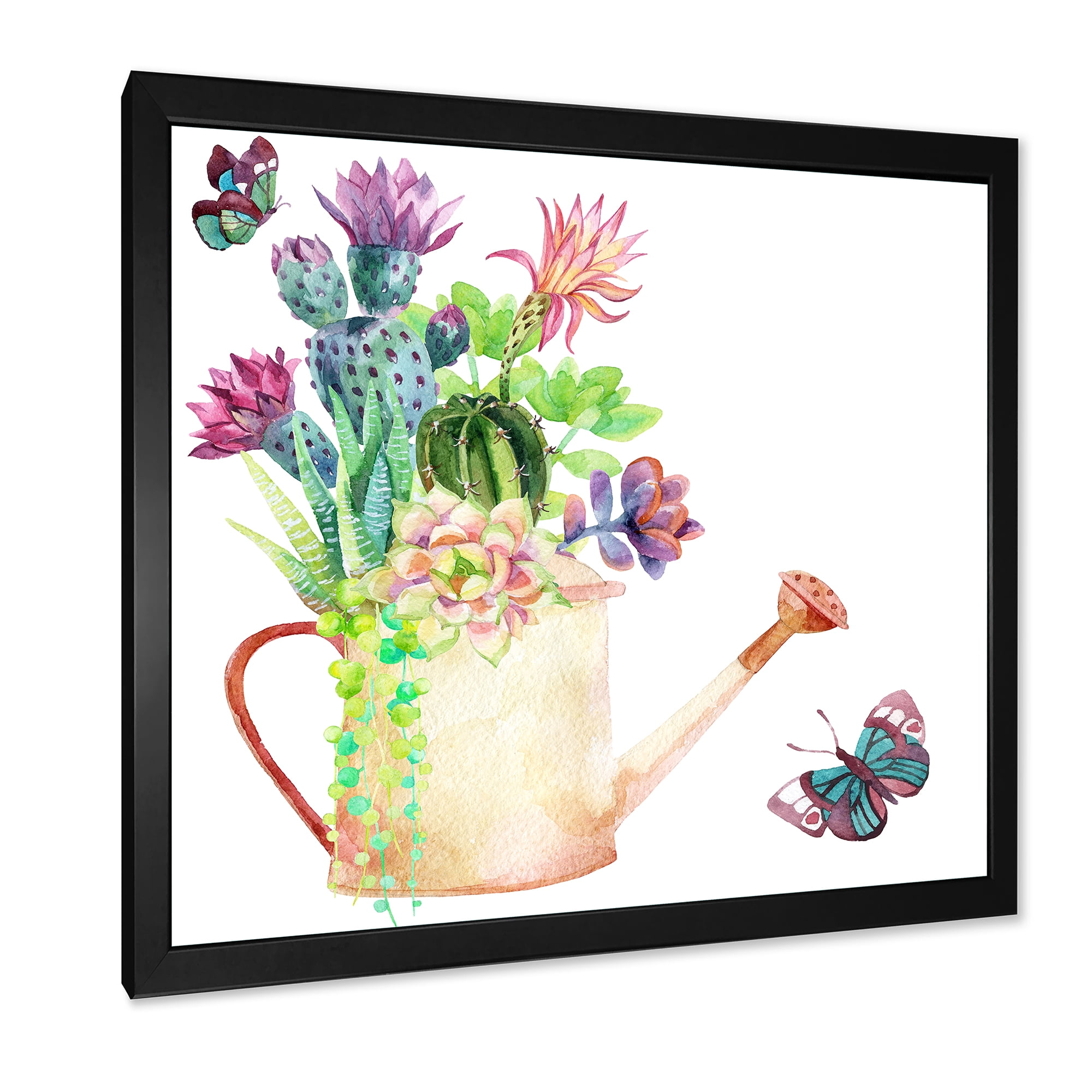 Succulents In Old Watering Can With Butterfly 36 in x 36 in Framed Painting Canvas Art Print, by Designart