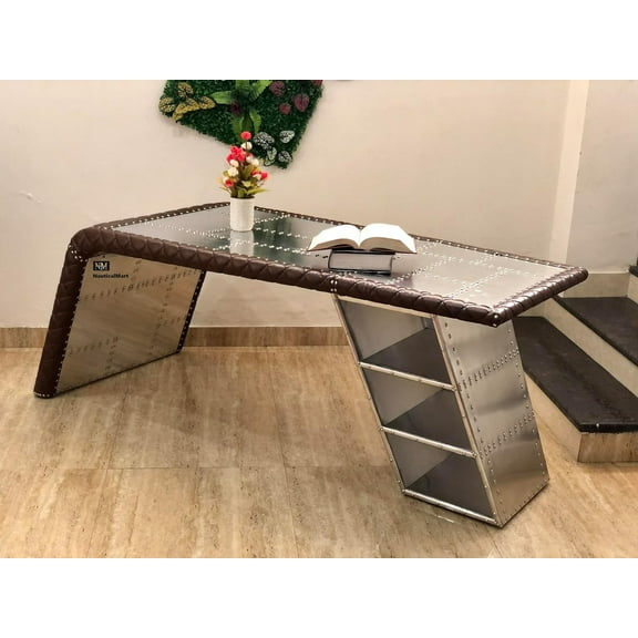 NauticalMart Aviator Wing Desk with Storage Aluminum and Leather Office Desk Silver and Brown (68 Inches)
