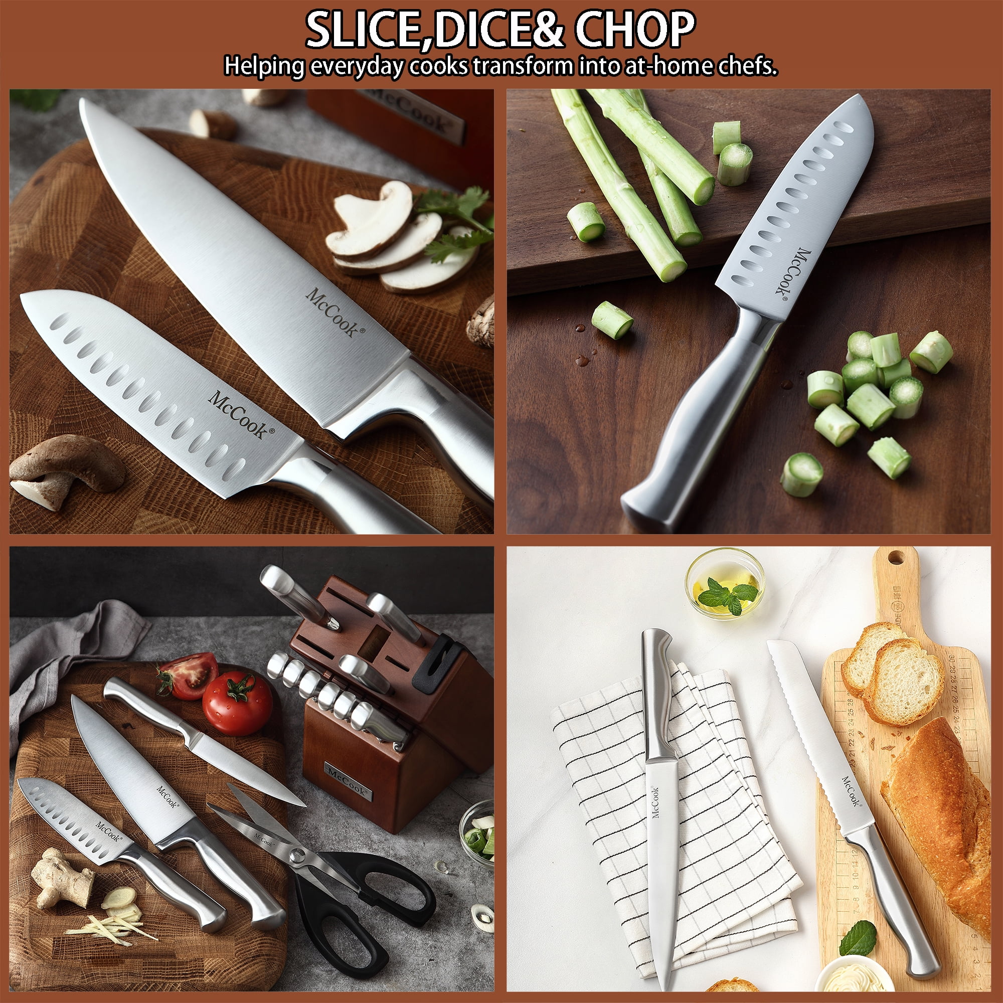 McCook MC69 20 Pieces Kitchen Knife Set Built-in Sharpener Knife Block Set,  Removable Steak Knife Block