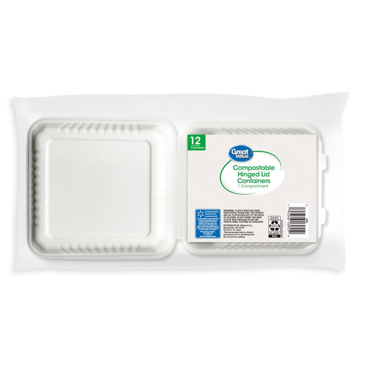 Great Value 1 Compartment Hinged Container, Compostable Bagasse, White, 12ct