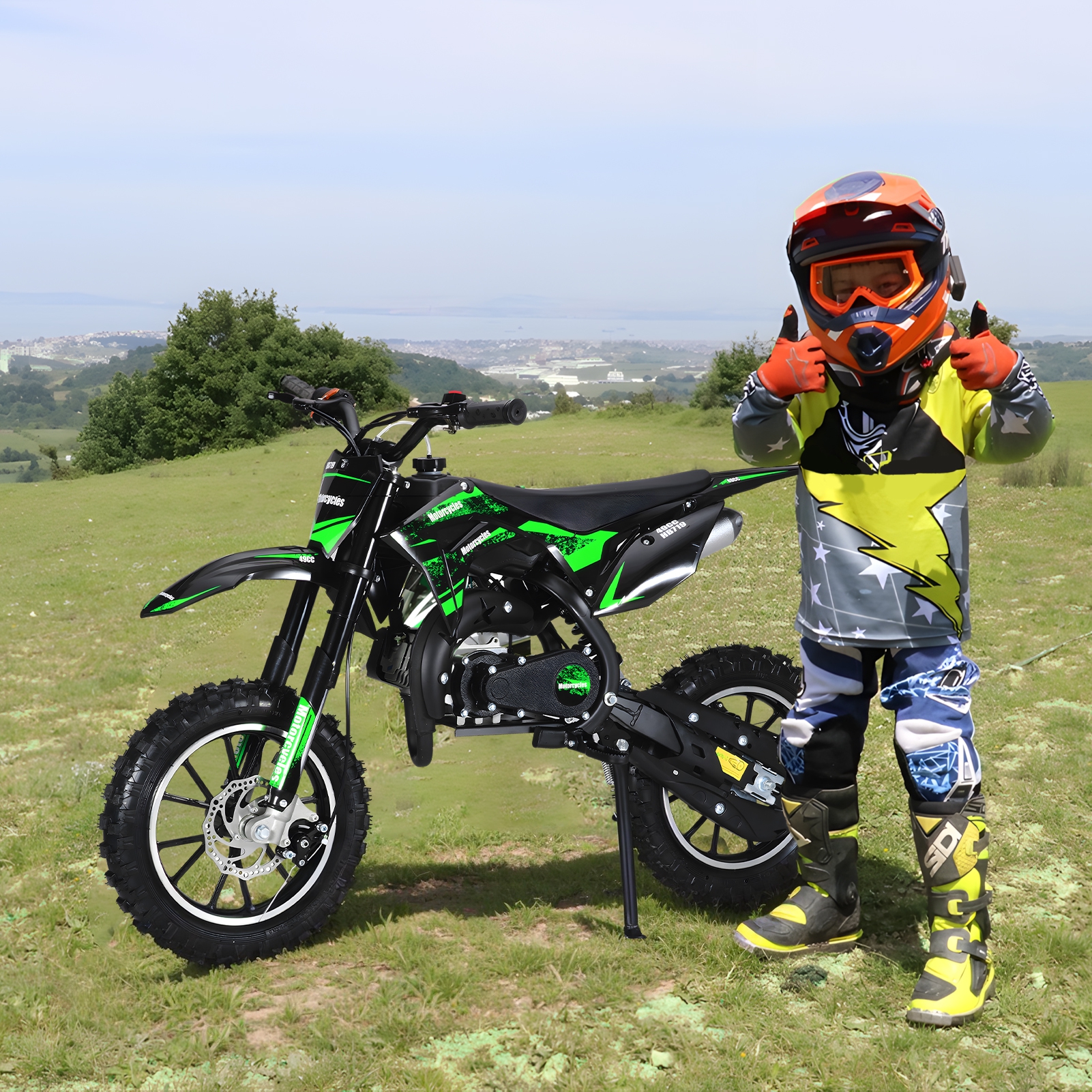 Jiledu Mini Kid Dirt Bike, 49CC 2-Stroke Gass Powered Motorcycle with Off-Rode Tire, Front Rear Disc Brakes, Shock Absorption Pocket Motorbike, Up to 25 Mph, Max Load 330 LBS