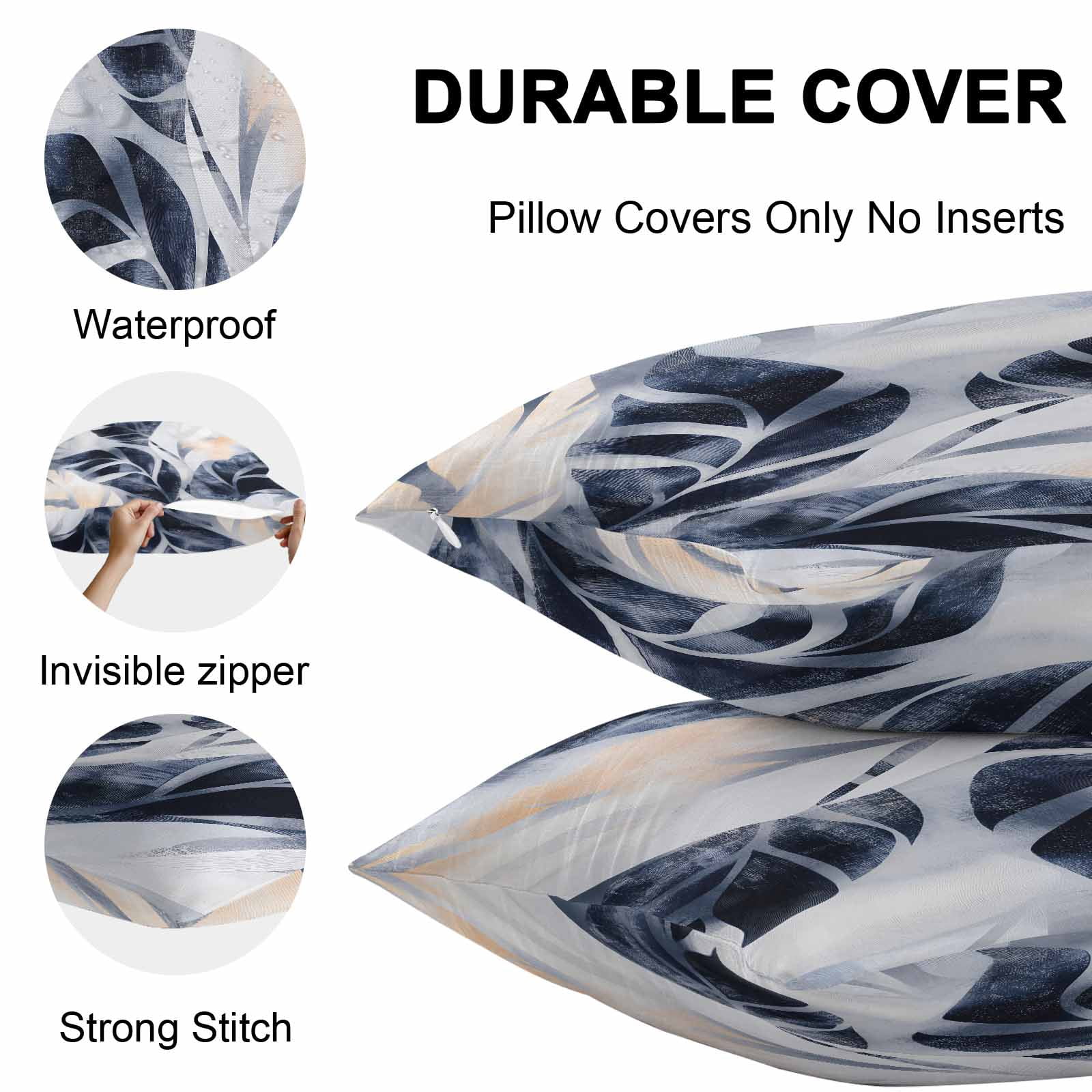 Waterproof Throw Pillow Covers Set of 2, 26x26 Inch Navy Blue Botanical Decorative Pillowcases Outdoor Pillow Slip Cushion Covers Set for Couch Tent Tropical Palm Leaves Vintage