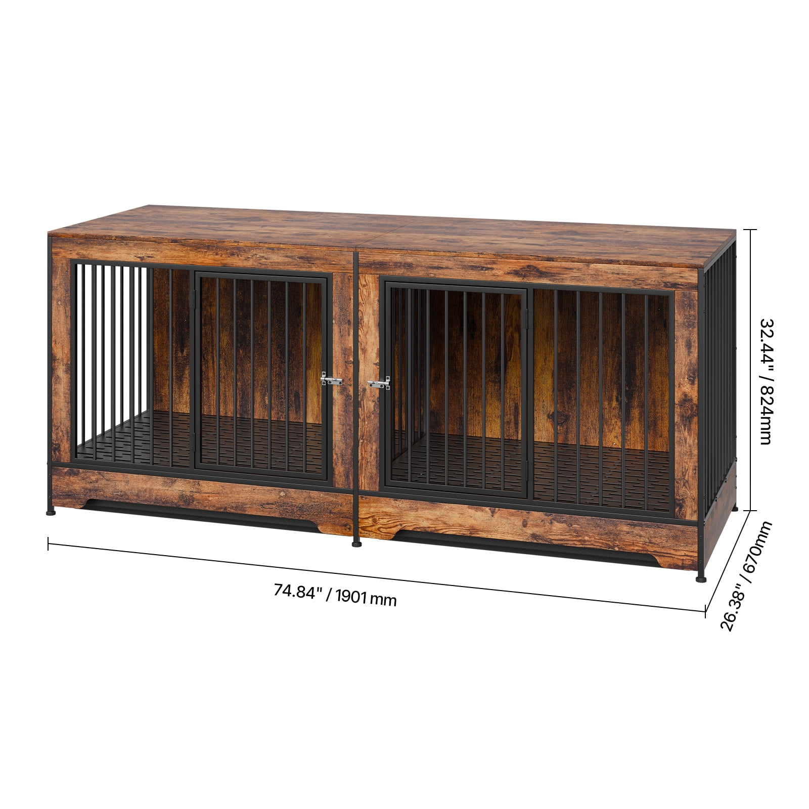 VEVOR 75" Dog Crate Furniture for 2 Dogs, Extra Large Double Dog Crate Furniture Large Breed with Divider & Double Doors, Large Wooden Dog Crate Furniture TV Stand for Medium Large Dogs Brown