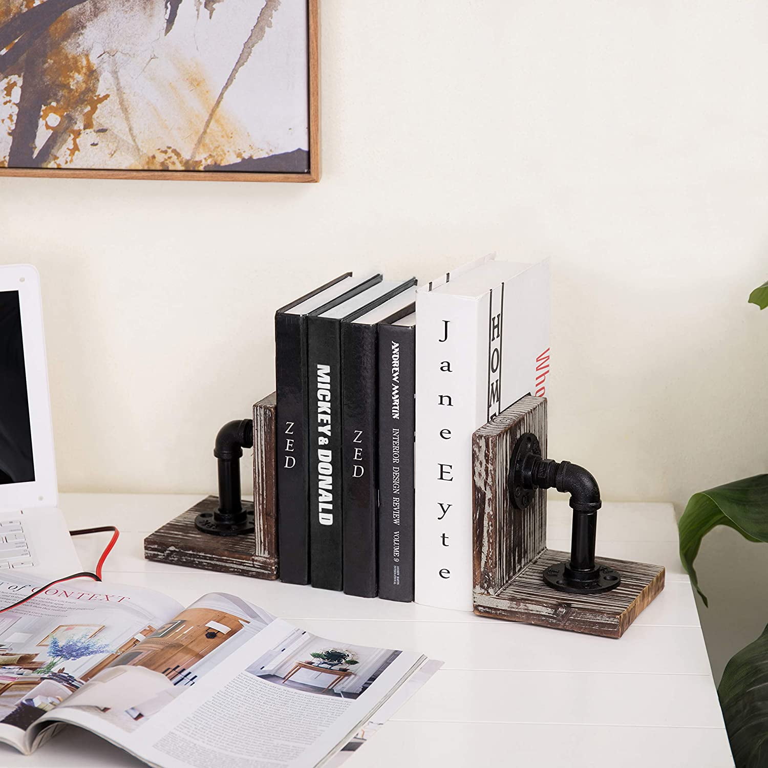 MyGift Torched Wood Desktop Book Stands, Decorative Industrial Style