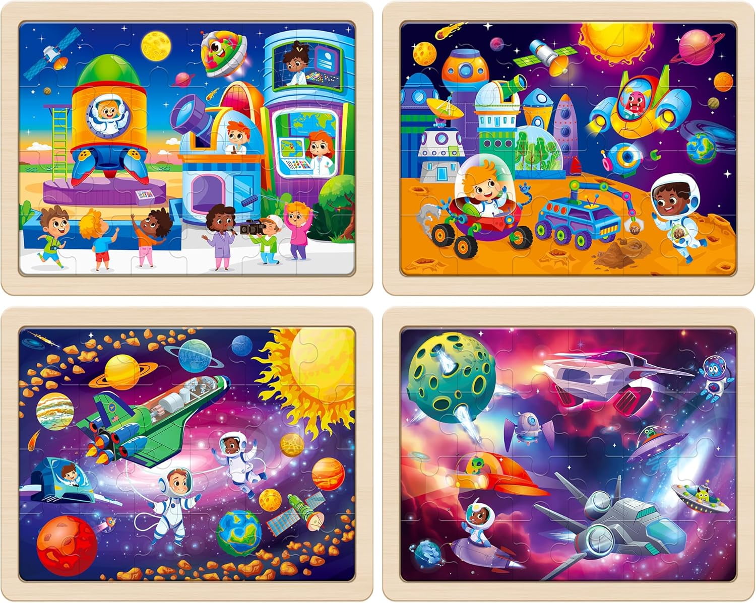 SYNARRY Large Space Planets Solar System Wooden Puzzles for Kids Ages 3-8, 4-in-1 Jigsaw Puzzle Set, 24 Pieces Each, FSC Certified Educational Gifts for Boys & Girls Ages 3 4 5 6 7 8
