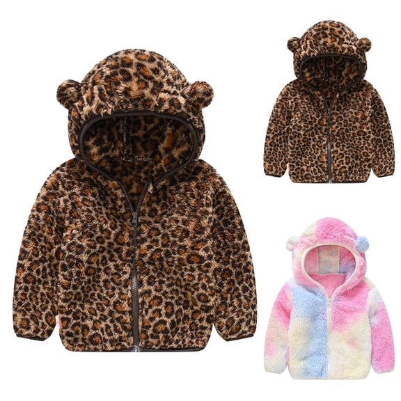 Toddler Fleece Jackets Warm Cute Boy Girls Hooded Coat Leopard Colorful Gradient Outwear Baby Kids Thick Zipper Plush Sweater Brown 18-24 Months
