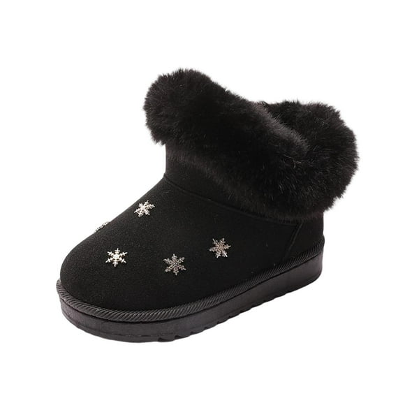 Lovzfmll Bottes de Neige Garçons Filles, Mignonnes Bottes d'Hiver Doublées en Molleton avec Broderie Flocon de Neige, Chaussures d'Extérieur à Talon Plat pour Enfants 5,5-6 Ans, Noir