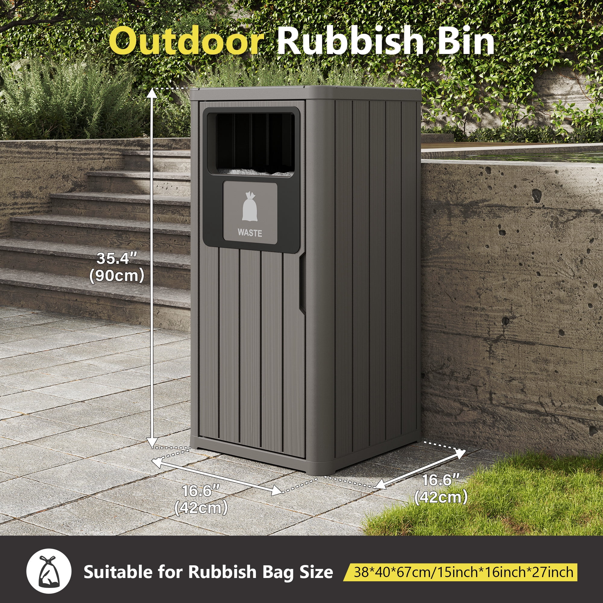Nihsuao 42 Gallon Resin Trash Can, Durable & Waterproof Outdoor Garbage Bin with Garbage Labels, Weather-Resistant Waste Bin for Indoor Kitchen, Outdoor Porch, Backyard, (Gray, 1)
