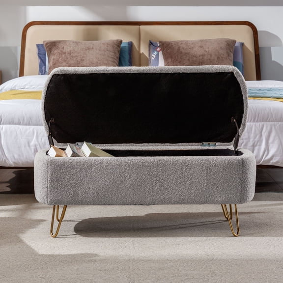 CQSXDA 39" Storage Ottoman Bench, Teddy Fabric Upholstered Bedroom Footstool for Bedroom, Bed End, Living Room, Entryway,Gray