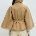 thumbnail image 4 of Women's Batwing Sleeve Cape Coat, Cropped Wool Blend Poncho, Belted Stand Collar Overcoat, Short Winter Cloak, Tied Waist Cape Jacket, Casual Cropped Overcoat, Elegant Cape Coat Khaki XL, 4 of 5