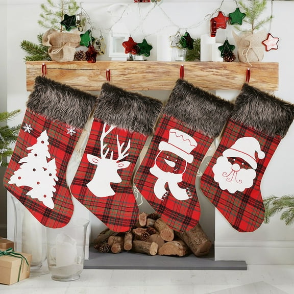 Christmas Buffalo Plaid Stockings, 20 Inches Embroidery  Large Plaid Stockings with Plush Cuff, Christmas Stockings for Fireplace Hanging and Family Holiday Party Decor