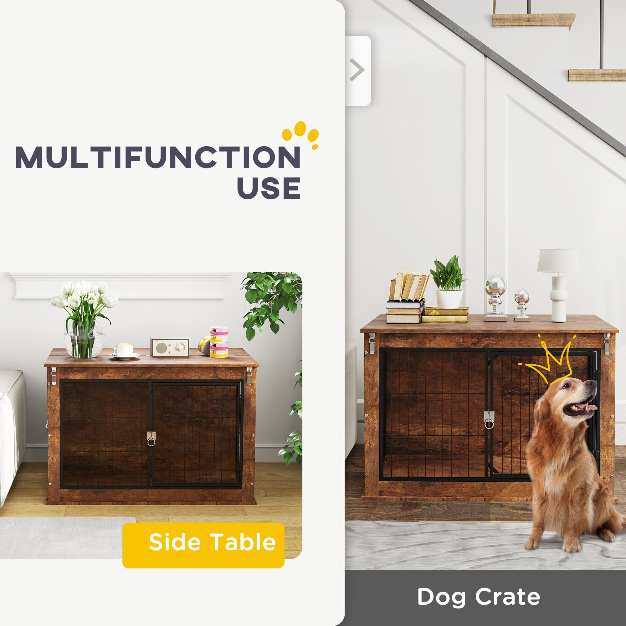 PawHut Dog Crate Furniture, 39" Dog Kennel Furniture with Flip-up Top Opening, 2 Doors, Dog Cage Side End Table for Large Dogs, Rustic Brown