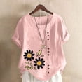 thumbnail image 2 of Cmfcve Women's Graphic Tops Short Sleeve Round Neck Cotton Linen Tee Shirt Breathable Henley Button Blouse, 2 of 5